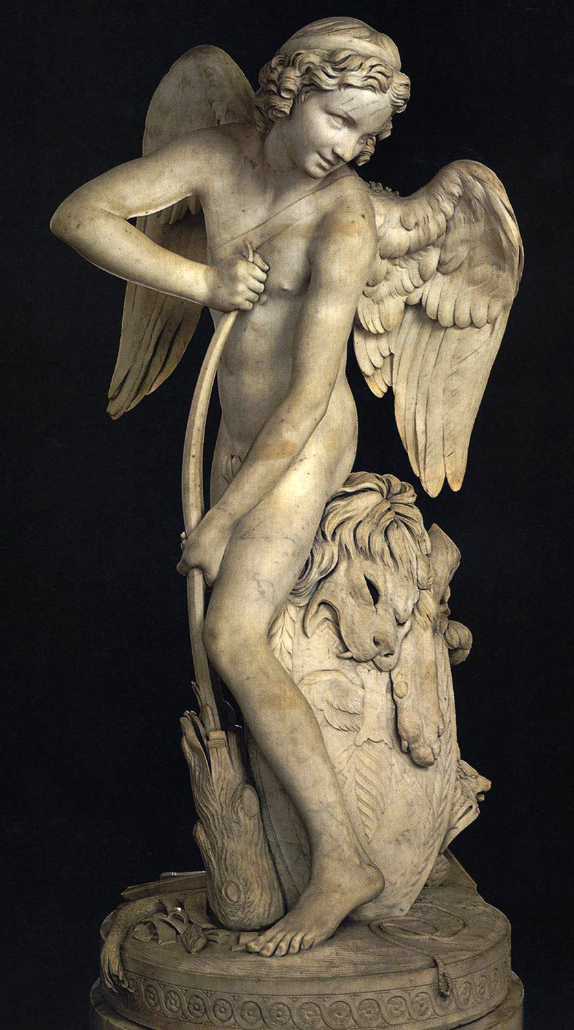 cupid making a bow out of the club of hercules